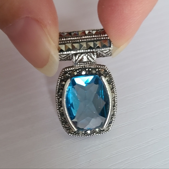 Vintage Art Deco Boho Aqua Blue Brilliant Cut Marcasite Crystal Slider Pendant - Picture 5 of 9